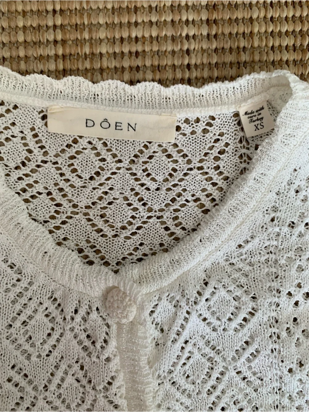 Doen Diane Pointelle Lace Crochet Button Knit Cardigan Sweater Top Ivory White